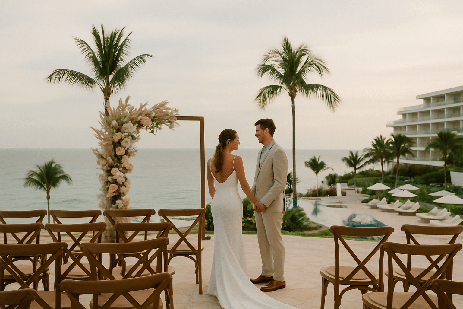 Bride and groom standing under a floral arch at a luxury oceanfront resort wedding, with palm trees, wooden chairs, and infinity pool in the background
