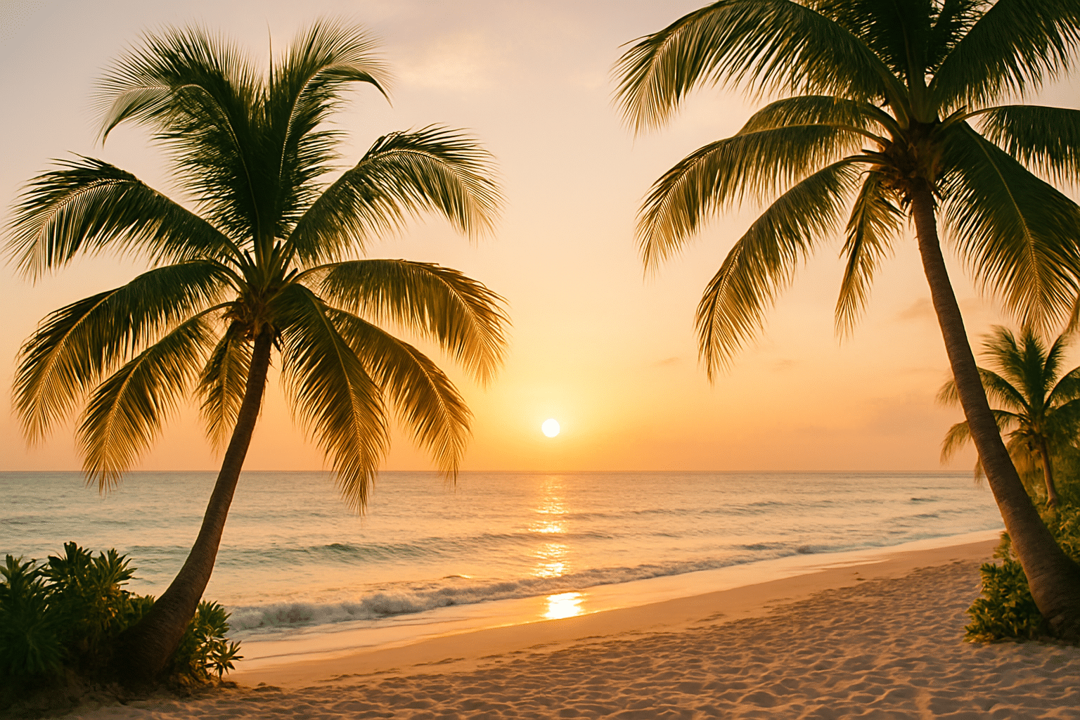 Golden hour on a quiet beach in Riviera Maya, framed by palm trees with calm waves and warm sunset colors