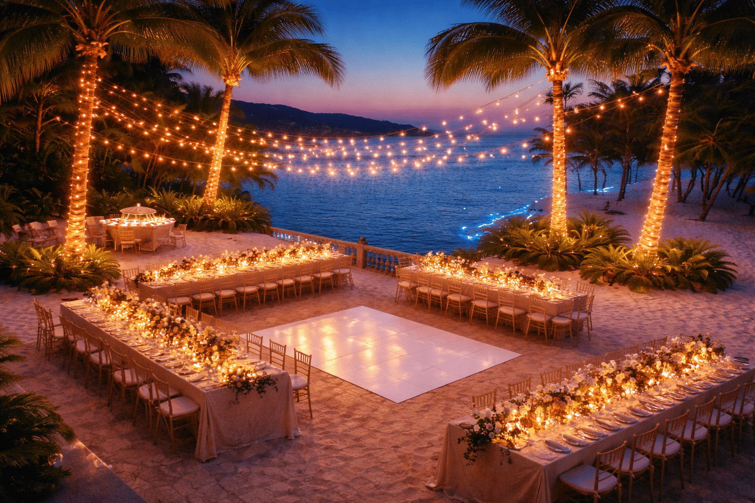 Destination wedding reception setup on a tropical beach with string lights, ocean view, and dance floor