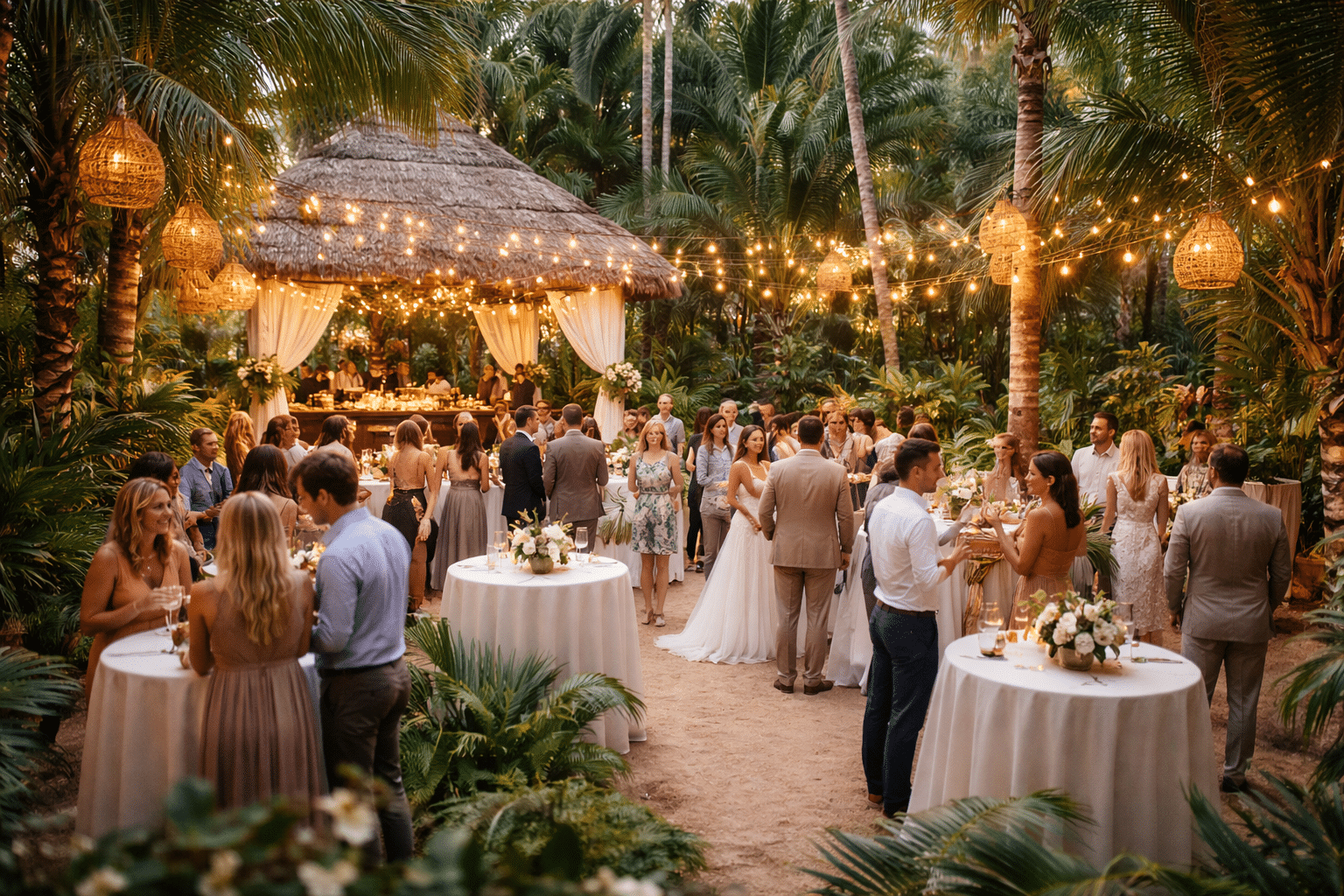 Destination wedding cocktail reception with guests gathered at a tropical jungle venue