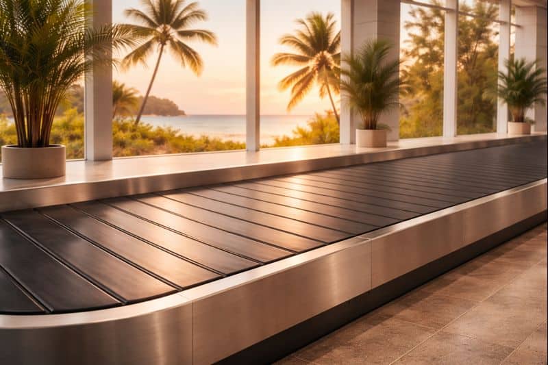 Empty airport baggage claim carousel at a tropical destination during sunset, viewed through large windows with palm trees outside
