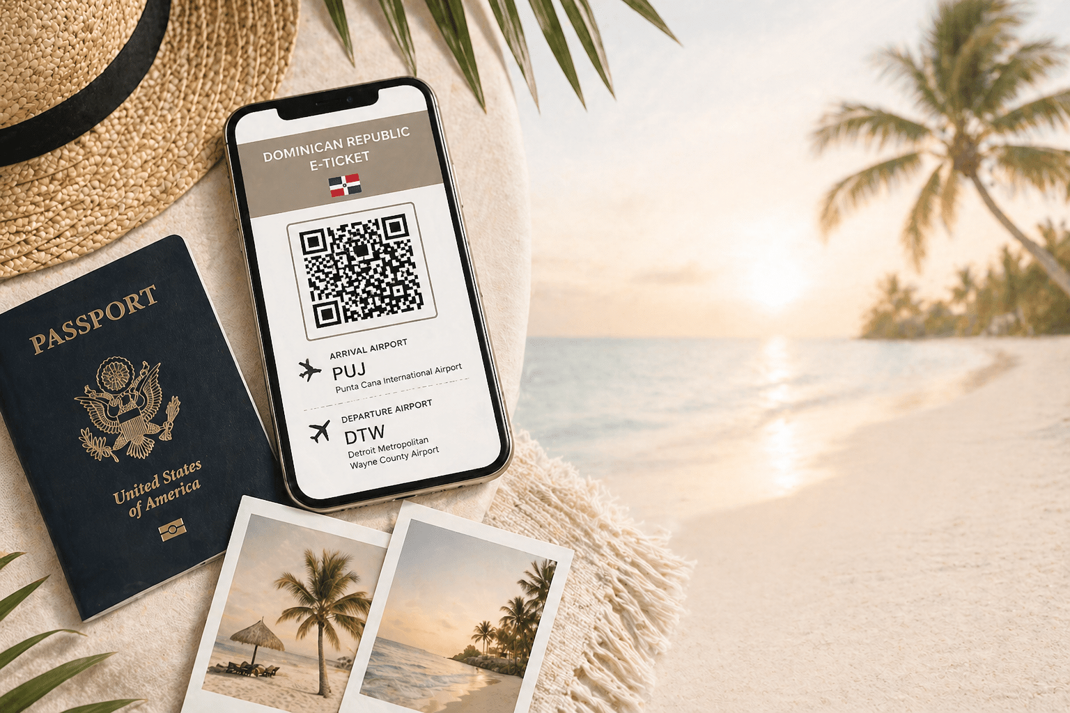 Dominican Republic E-Ticket - What It Is + How to Fill It Out (Step-by-Step) 1 Smartphone displaying Dominican Republic E-Ticket QR code next to passport and travel essentials